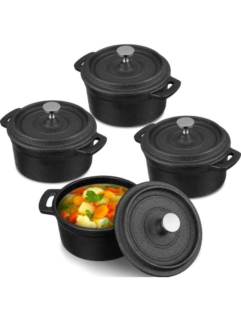 Set of 4 Mini Dutch Ovens - 500°F Small Round Cast Iron Cookware, 8 oz